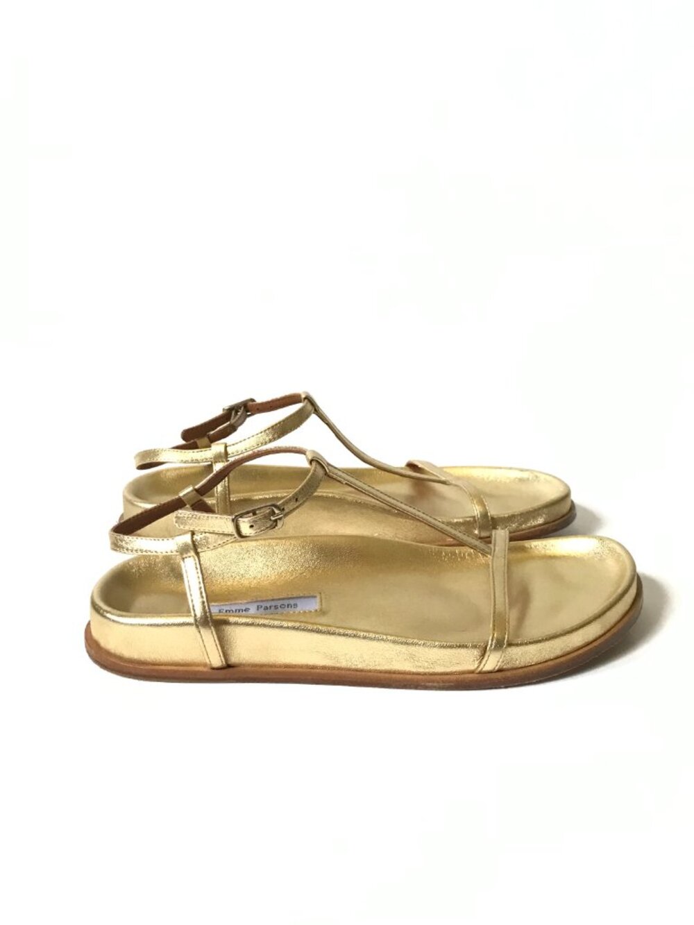 Emme Parsons Aya T-Bar Sandals Womens 36 6 Gold Metallic Leather Buckle Open Toe